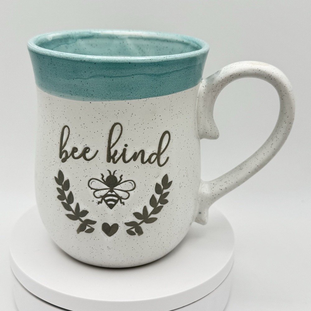 Potter's Corner Bee Kind Mug Speckled Ceramic Farmhouse Coffee Cup Turquoise Rim